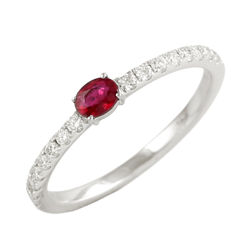 Oval Cut Ruby Pave Diamond Minimal Band Ring in 18K White Gold