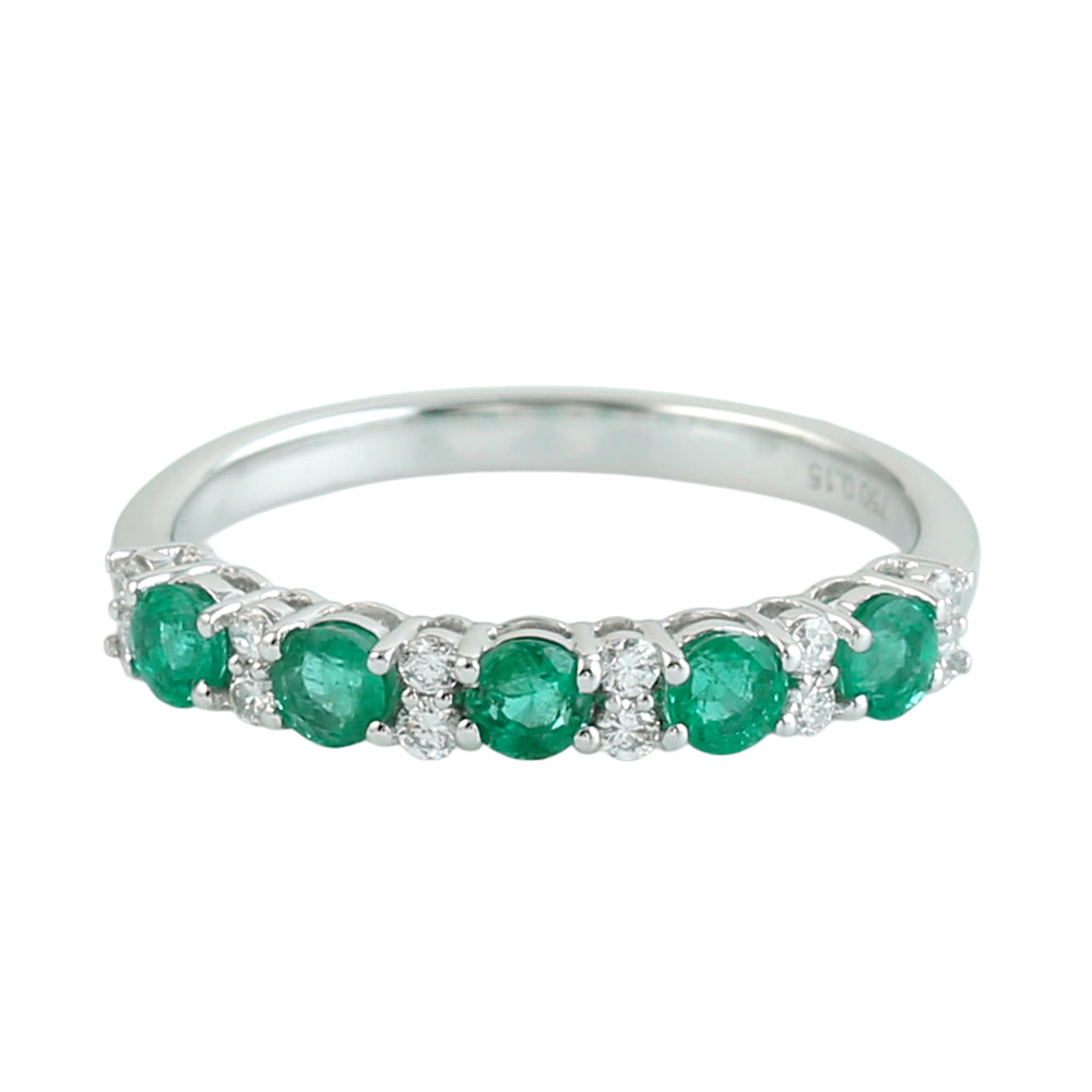Emerald & Diamond 5 Stone Half Eternity Ring in 18K White Gold