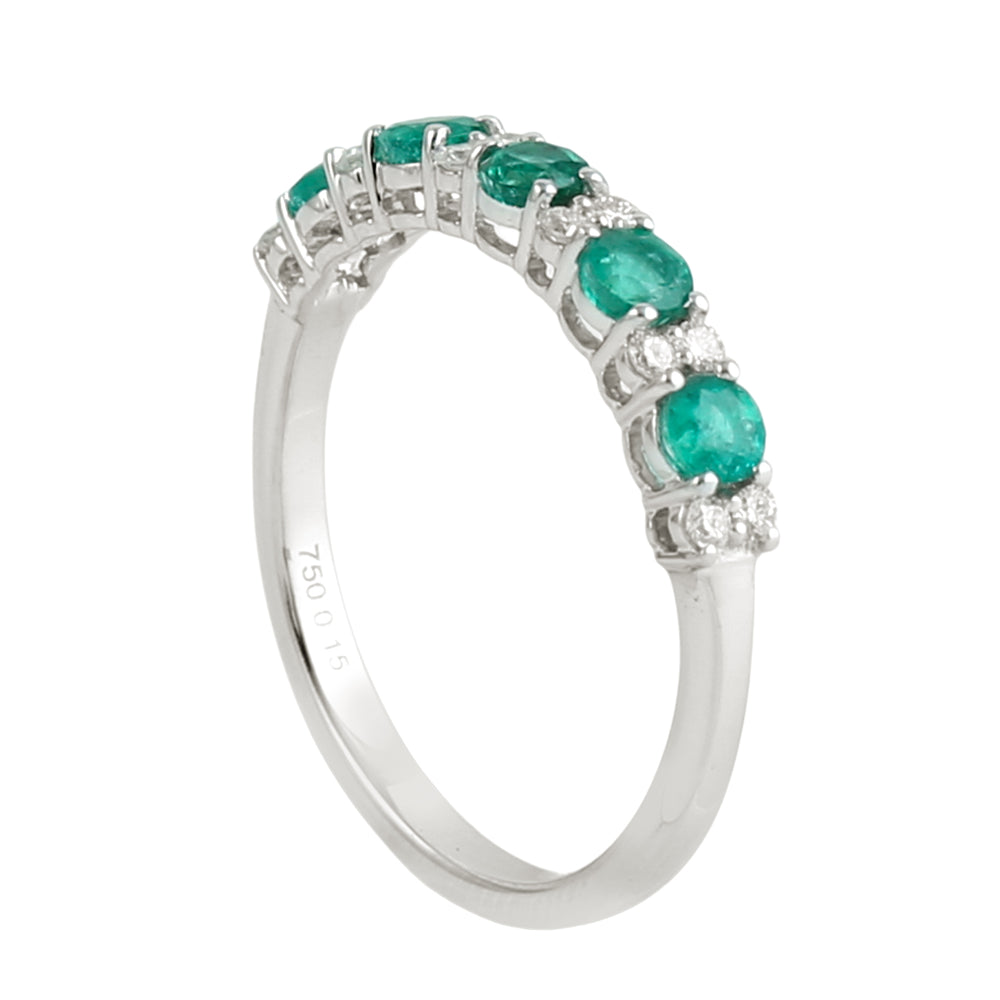 Emerald & Diamond 5 Stone Half Eternity Ring in 18K White Gold