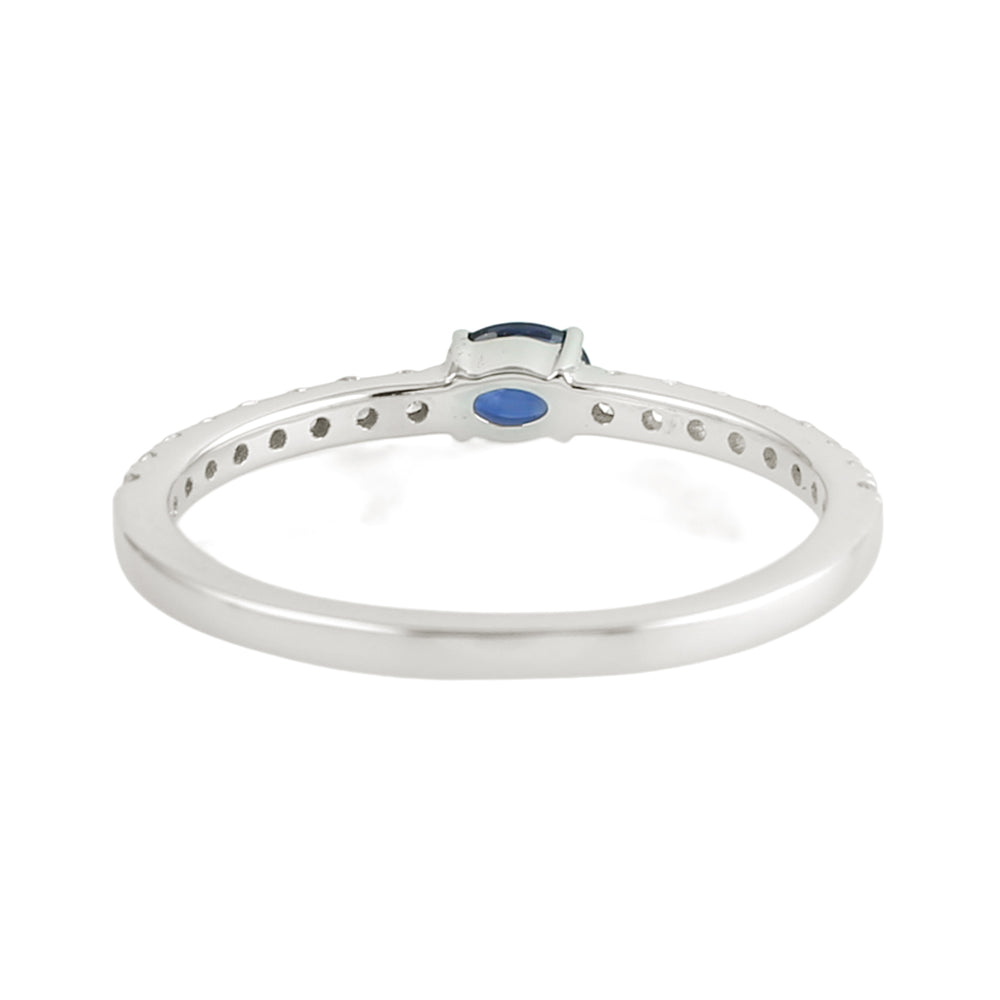 Oval Blue Sapphire Pave Diamond Band Ring in 18K White Gold
