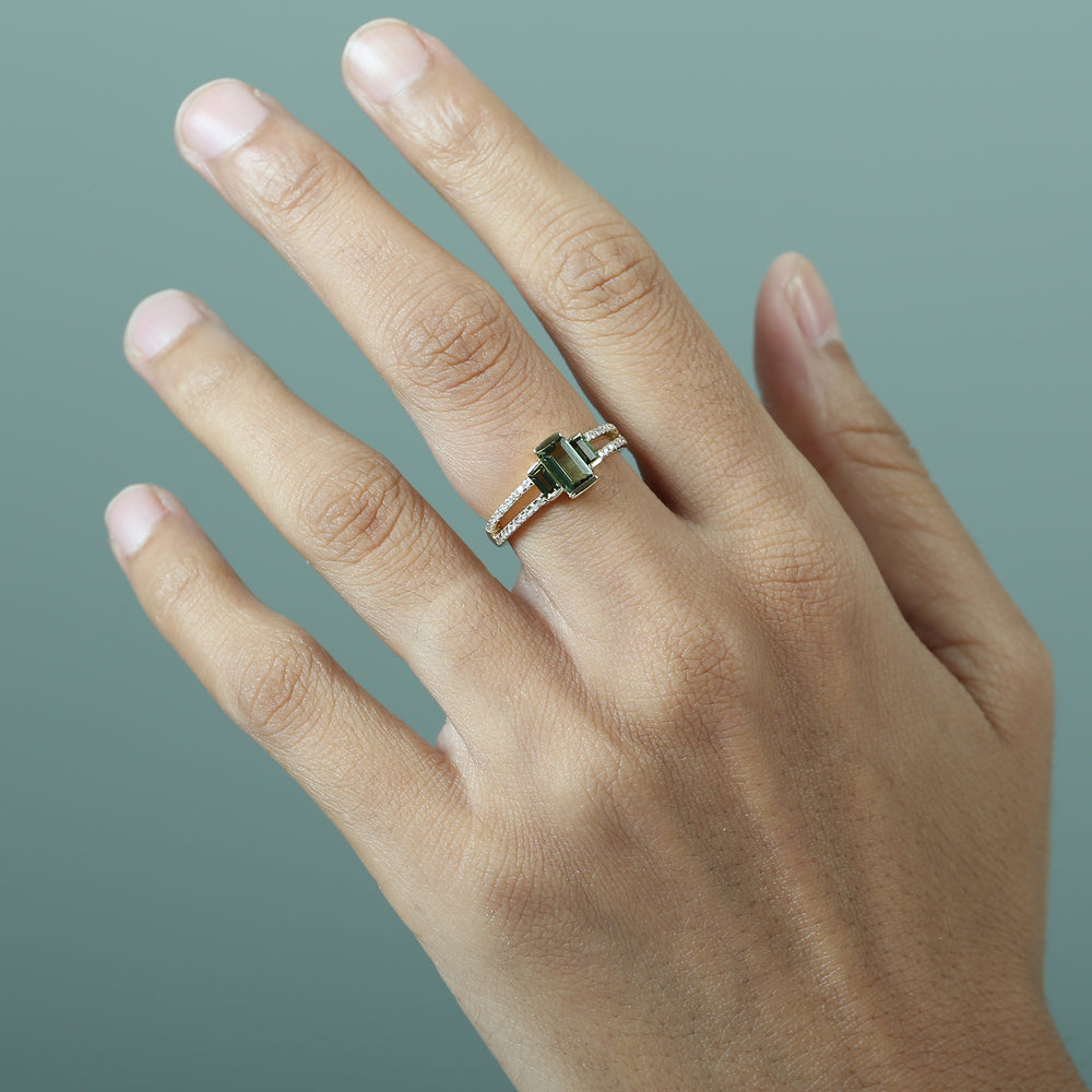 Baguette Cut Green Tourmaline Pave Diamond Designer Ring in 18K Yellow Gold