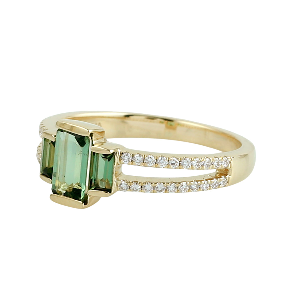 Baguette Cut Green Tourmaline Pave Diamond Designer Ring in 18K Yellow Gold