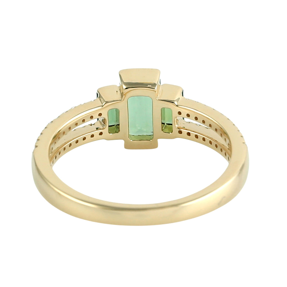 Baguette Cut Green Tourmaline Pave Diamond Designer Ring in 18K Yellow Gold