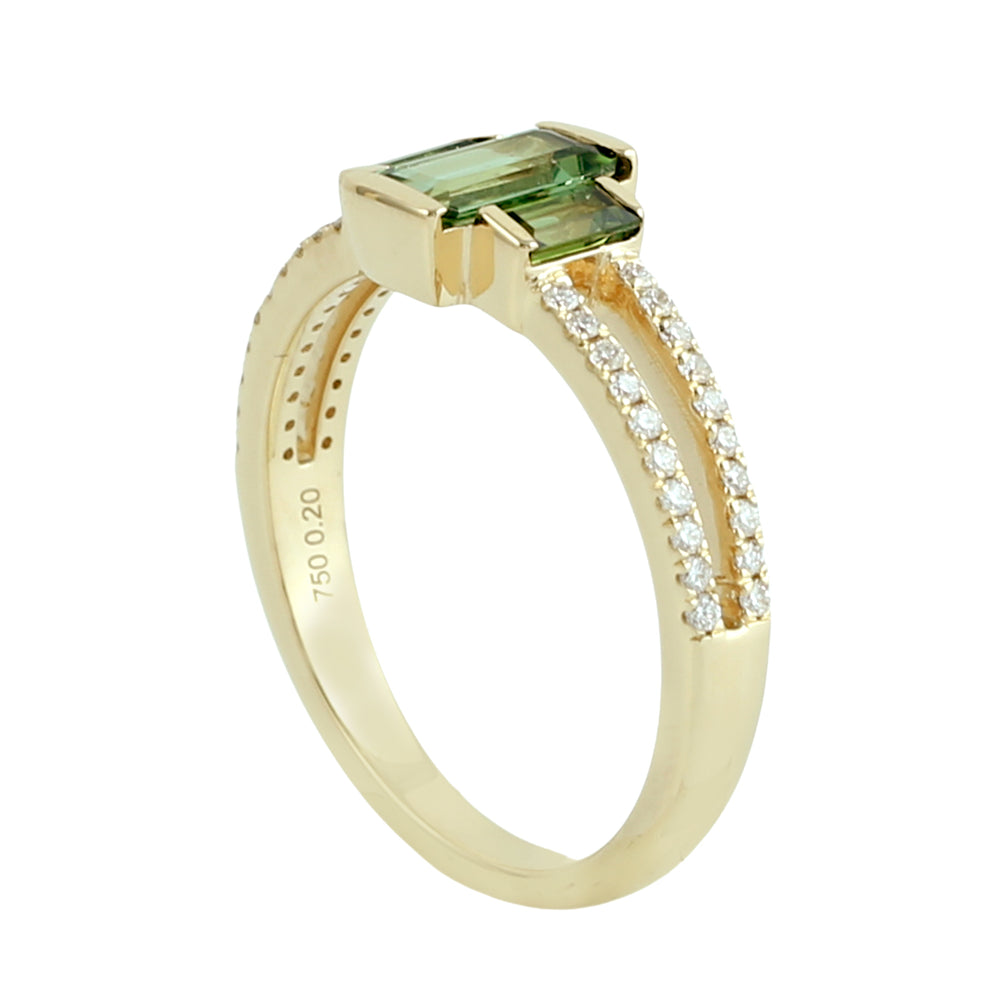 Baguette Cut Green Tourmaline Pave Diamond Designer Ring in 18K Yellow Gold