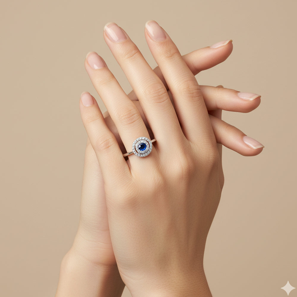 Blue Sapphire & Diamond Double Halo Ring in 14K White Gold