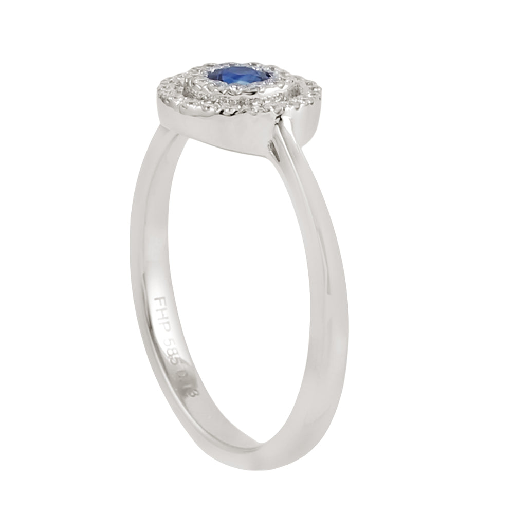 Blue Sapphire & Diamond Double Halo Ring in 14K White Gold