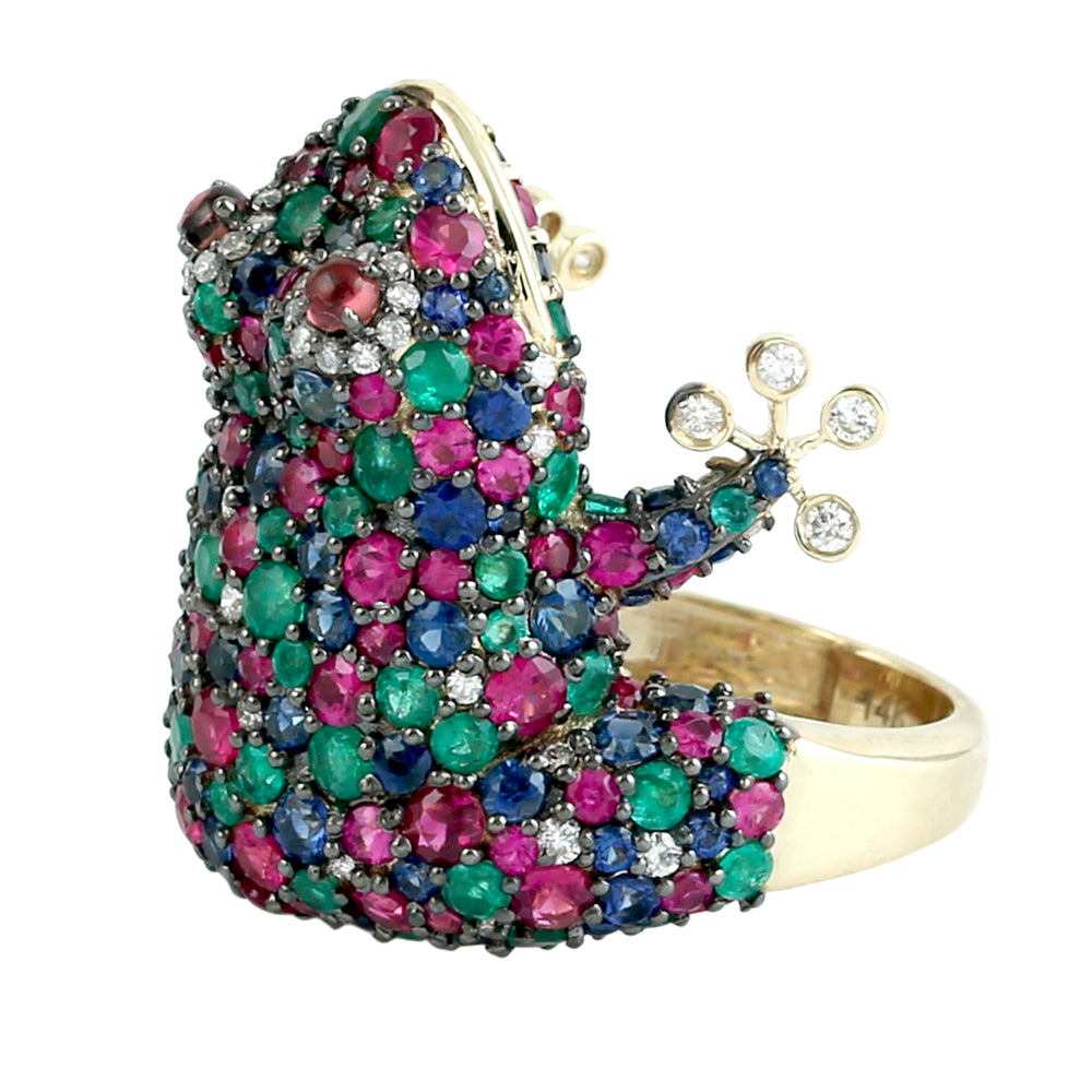 Ruby, Emerald, Sapphire & Tourmaline Pave Diamond Frog Ring in 14K Yellow Gold