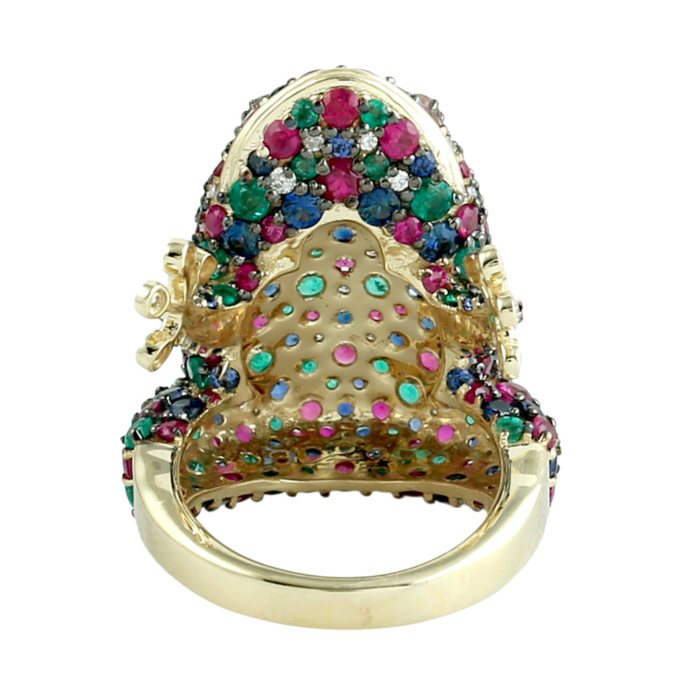Ruby, Emerald, Sapphire & Tourmaline Pave Diamond Frog Ring in 14K Yellow Gold
