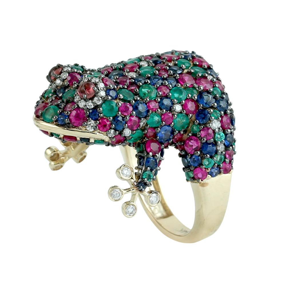 Ruby, Emerald, Sapphire & Tourmaline Pave Diamond Frog Ring in 14K Yellow Gold