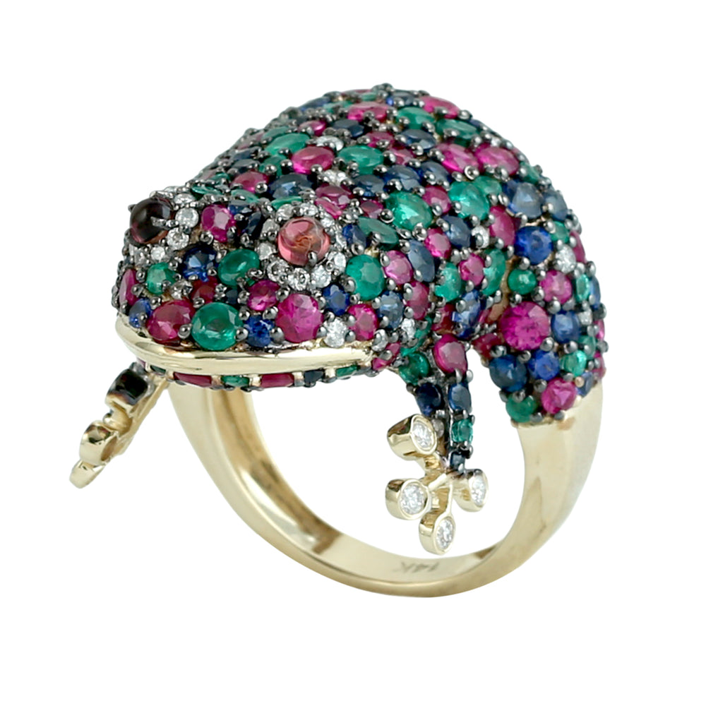 Ruby, Emerald, Sapphire & Tourmaline Pave Diamond Frog Ring in 14K Yellow Gold