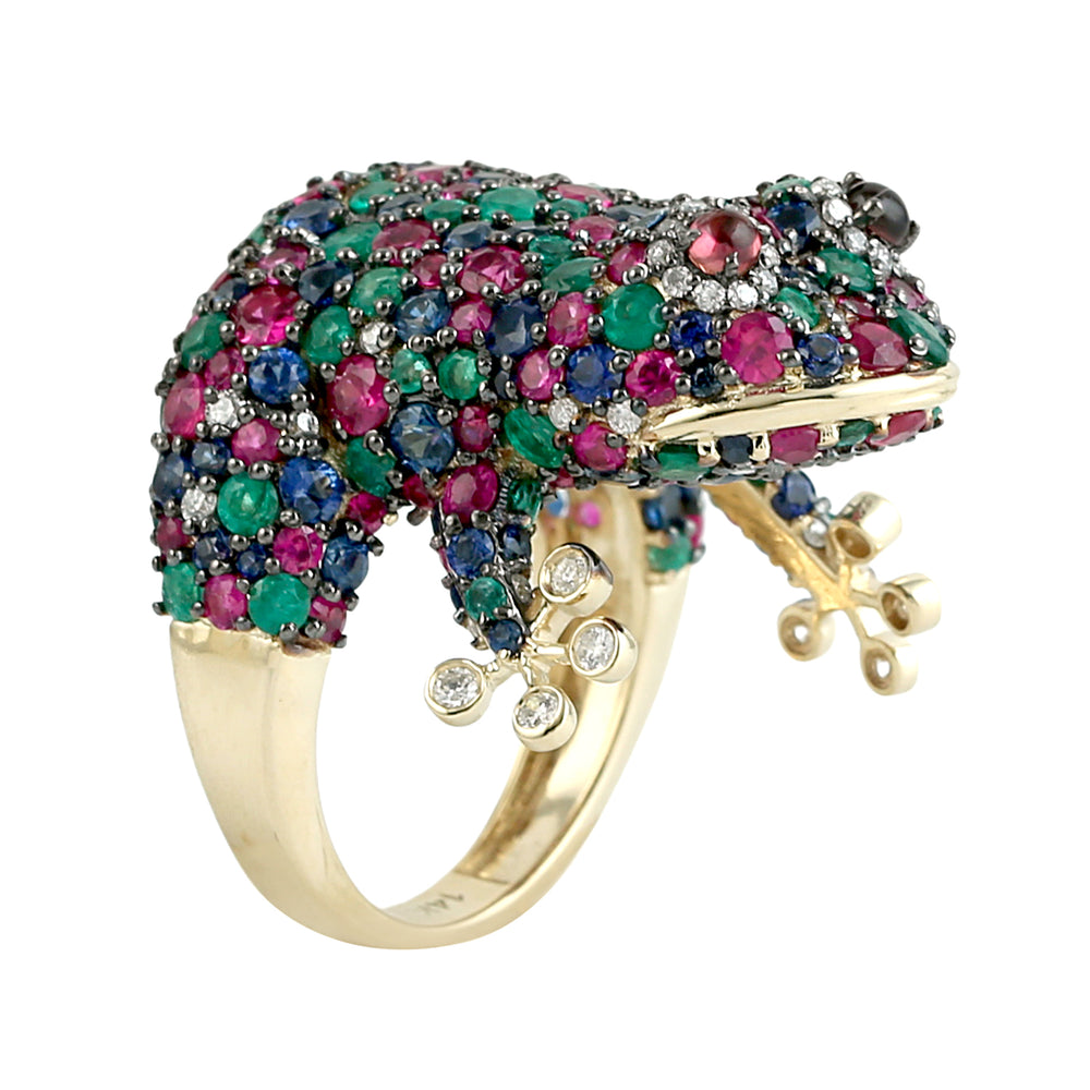 Ruby, Emerald, Sapphire & Tourmaline Pave Diamond Frog Ring in 14K Yellow Gold