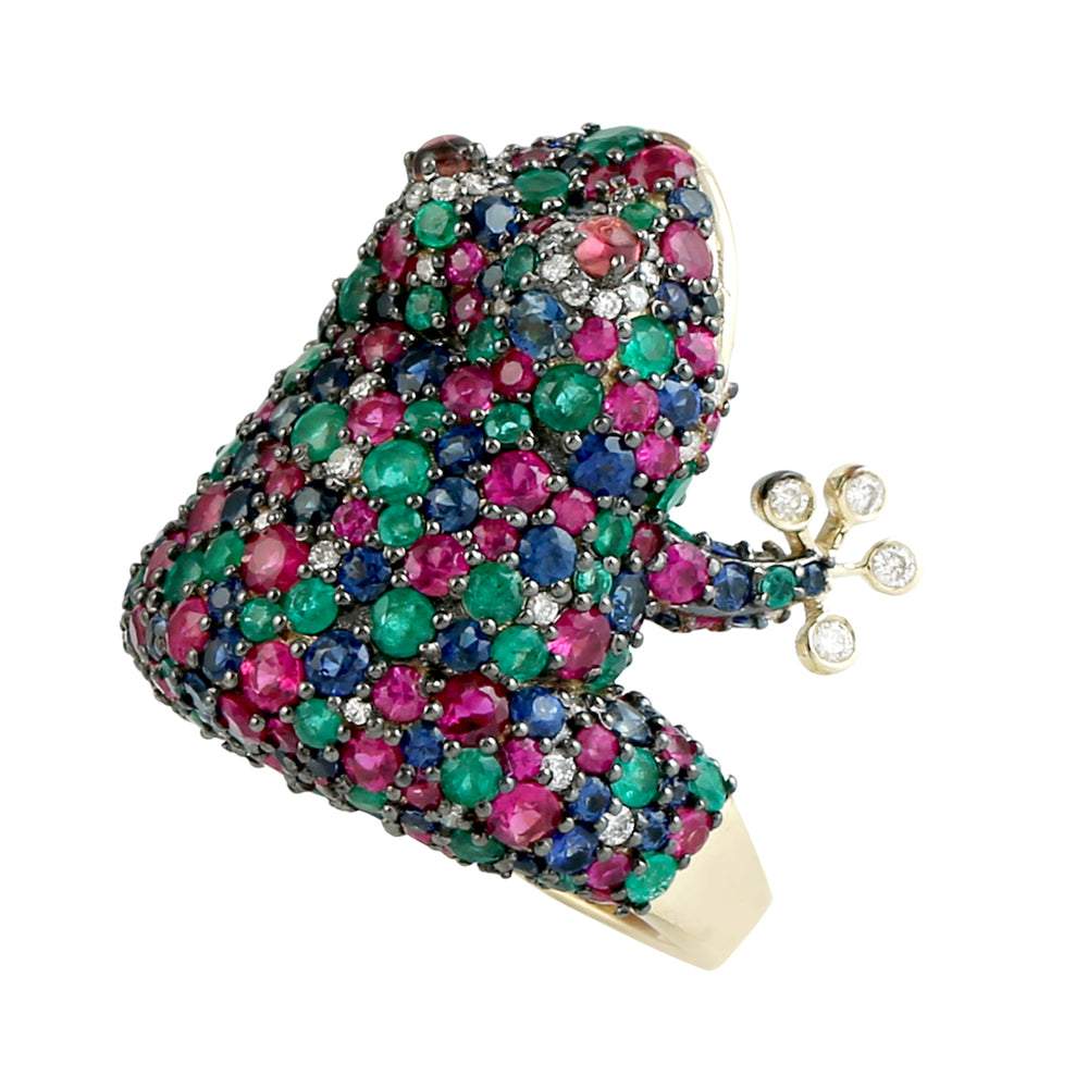 Ruby, Emerald, Sapphire & Tourmaline Pave Diamond Frog Ring in 14K Yellow Gold