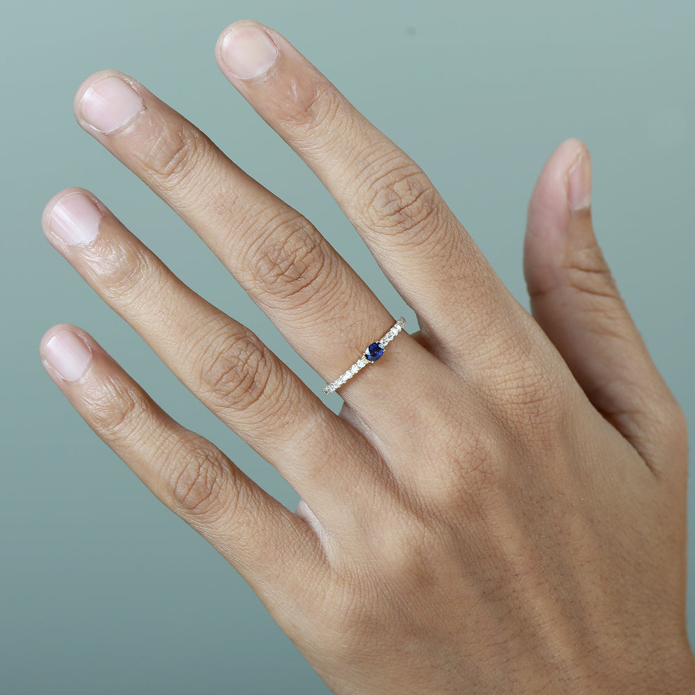 Blue Sapphire & Diamond Half Eternity Ring in 14K Yellow Gold