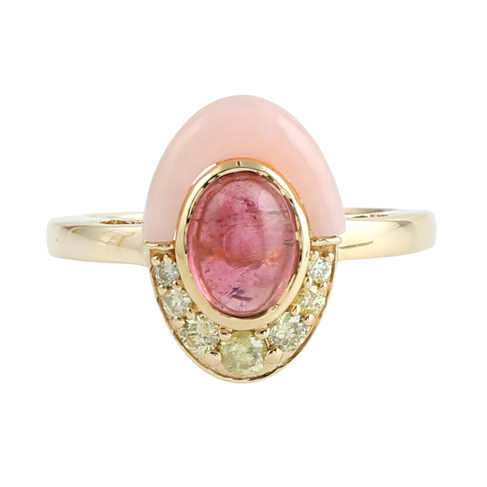 Pink Tourmaline & Opal Pave Diamond Cocktail Ring in 18K Gold