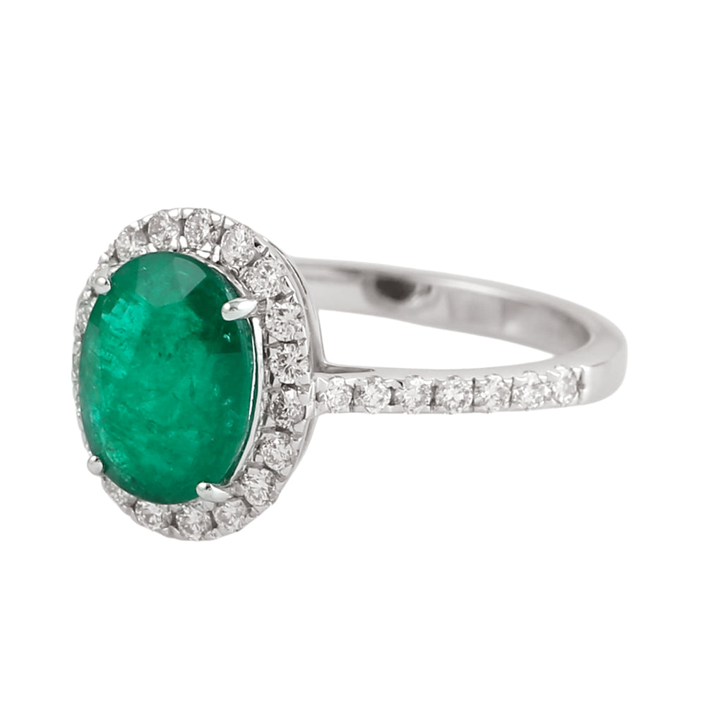 Oval Emerald & Diamond Halo Ring in 14K White Gold