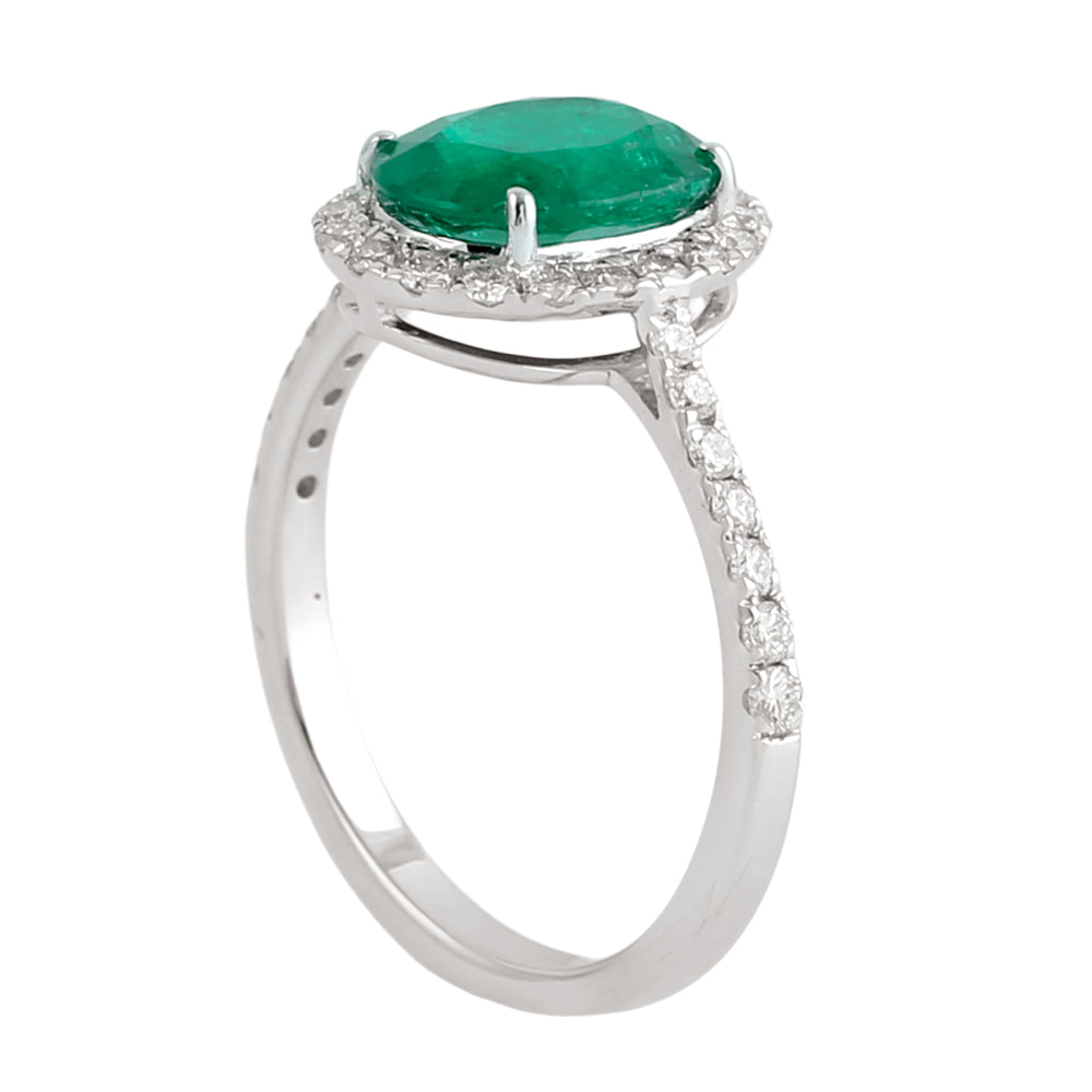 Oval Emerald & Diamond Halo Ring in 14K White Gold