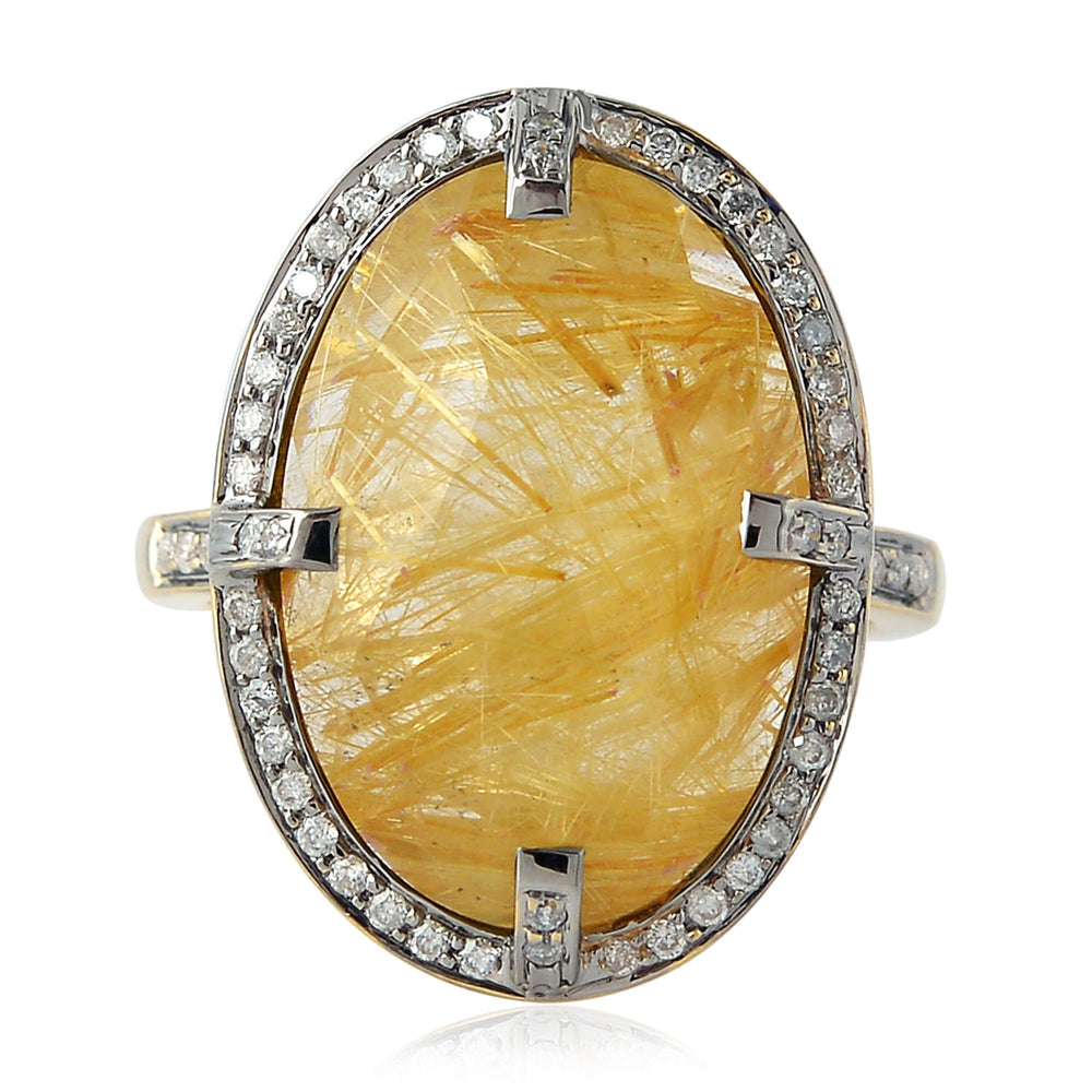 Yellow Gold Oval Quartz Rutile Prong Diamond Designer Ring Gift For Women's