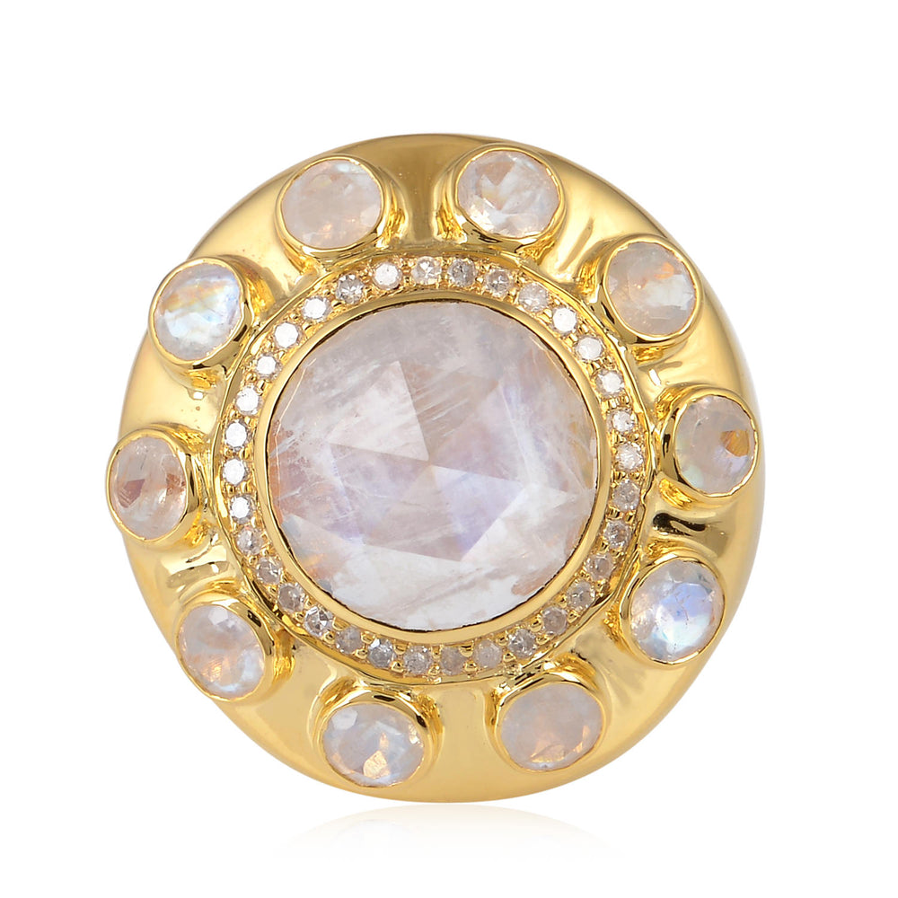 Round Blue Moonstone & Diamond Halo Cocktail Ring in 18K Yellow Gold