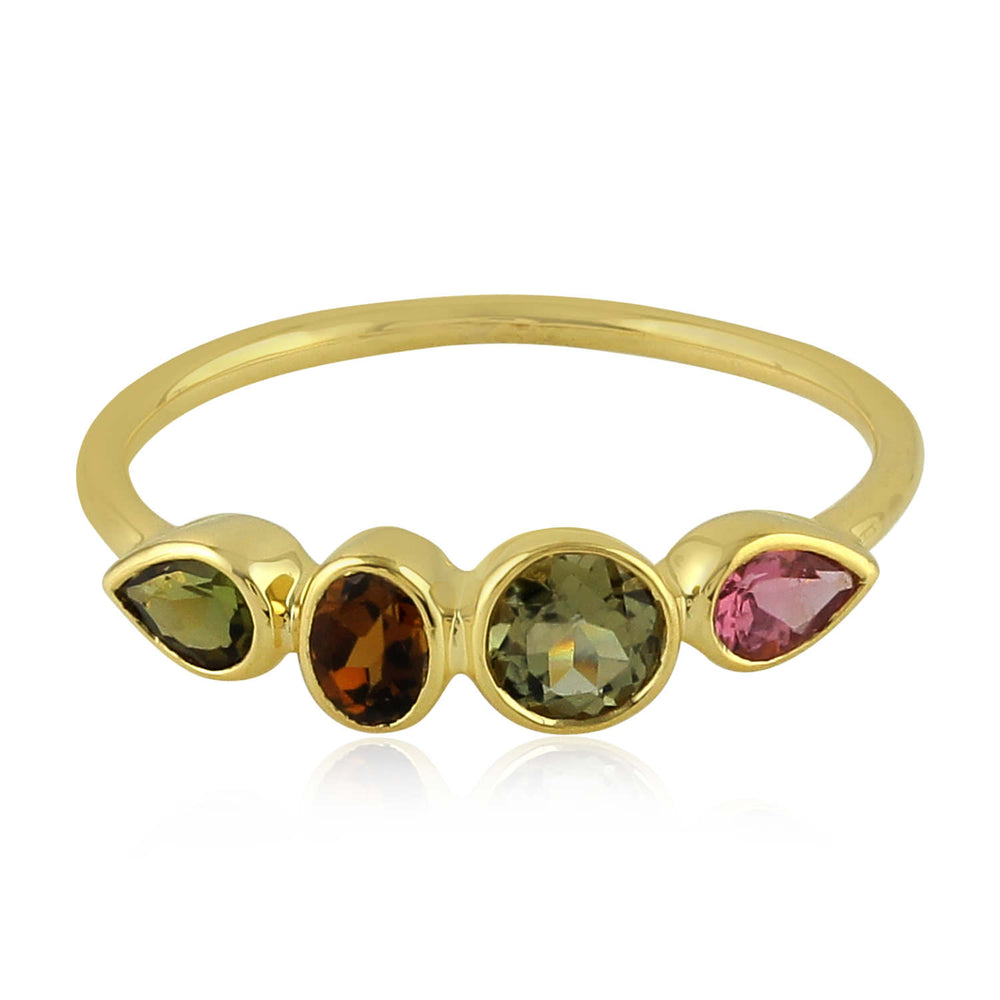 18K Yellow Gold Bezel Set Multicolor Tourmaline October Birthstone Band Ring Jewelry For Her