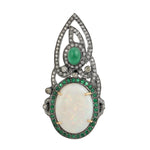 Oval Opal Ethiopian Emerald Pave Diamond Long Ring 18K Gold Silver Jewelry