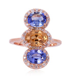 18K Rose Gold Oval Cut Multi Sapphire Pave Diamond Three Stone Ring