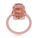 18K Rose Gold Oval Cut Multi Sapphire Pave Diamond Three Stone Ring