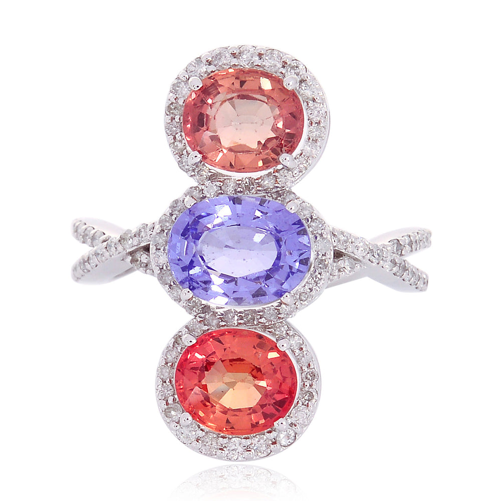 18K White Gold Oval Cut Multi Sapphire Precious Gemstone Pave Diamond Three Stone Ring