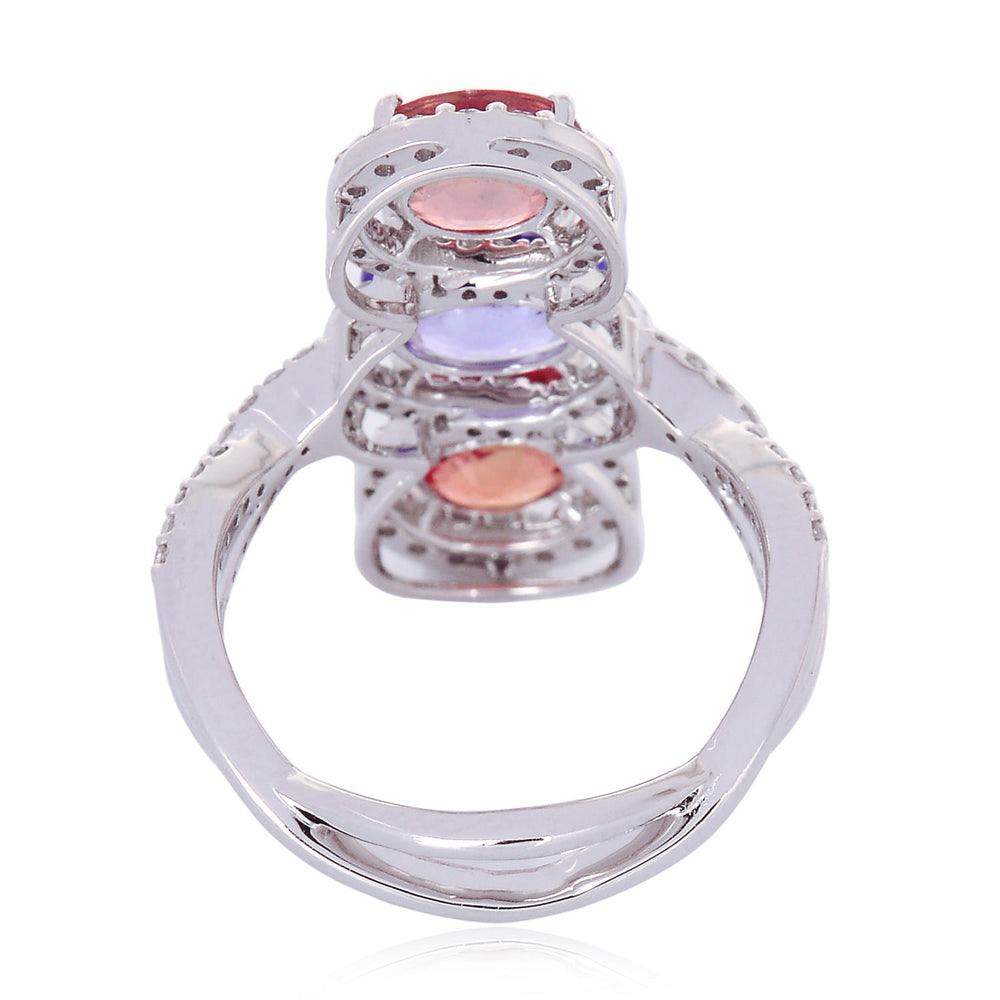 18K White Gold Oval Cut Multi Sapphire Precious Gemstone Pave Diamond Three Stone Ring