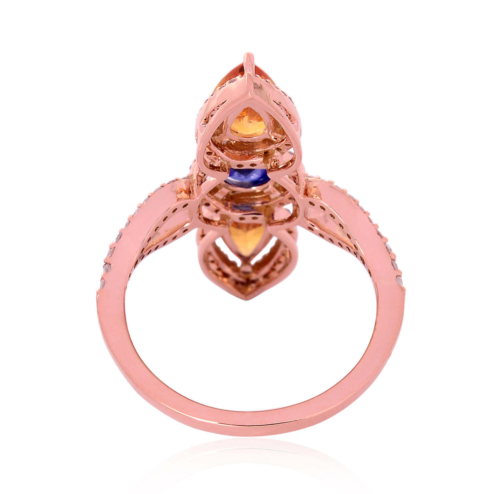 Pear & Round Cut Sapphire Gemstone Pave Diamond Long Ring Made In 18K Rose Gold