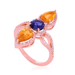 Pear & Round Cut Sapphire Gemstone Pave Diamond Long Ring Made In 18K Rose Gold