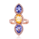 Multicolor Sapphire Pave Diamond Three Stone Ring Made In 18K Rose Gold For Her