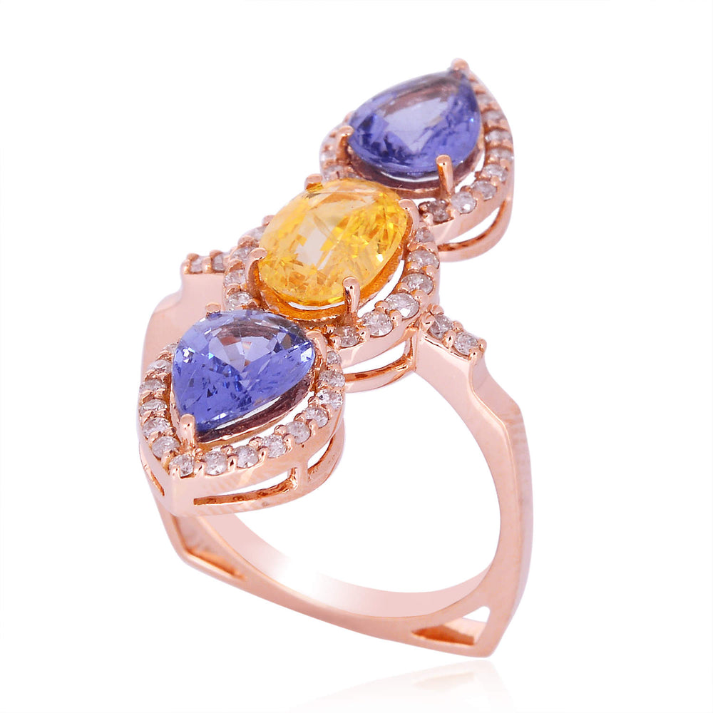 Multicolor Sapphire Pave Diamond Three Stone Ring Made In 18K Rose Gold For Her