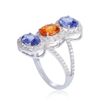 18K White Gold Oval Multi Sapphire Gemstone Pave Diamond Three Stone Ring For Her