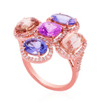 Rainbow Color Sapphire Gemstone Pave Diamond Flower Ring In 18K Rose Gold