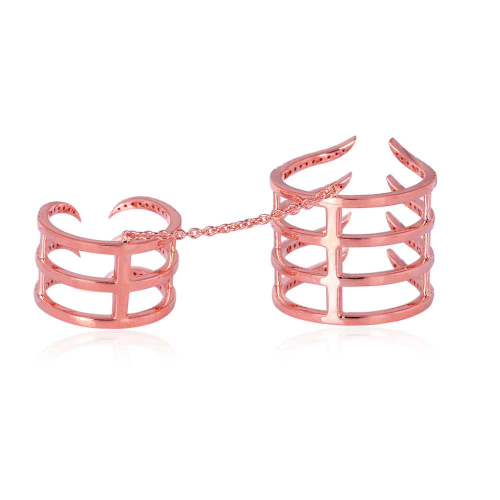 Double Finger Chain Ring with Diamonds in 18K Rose Gold