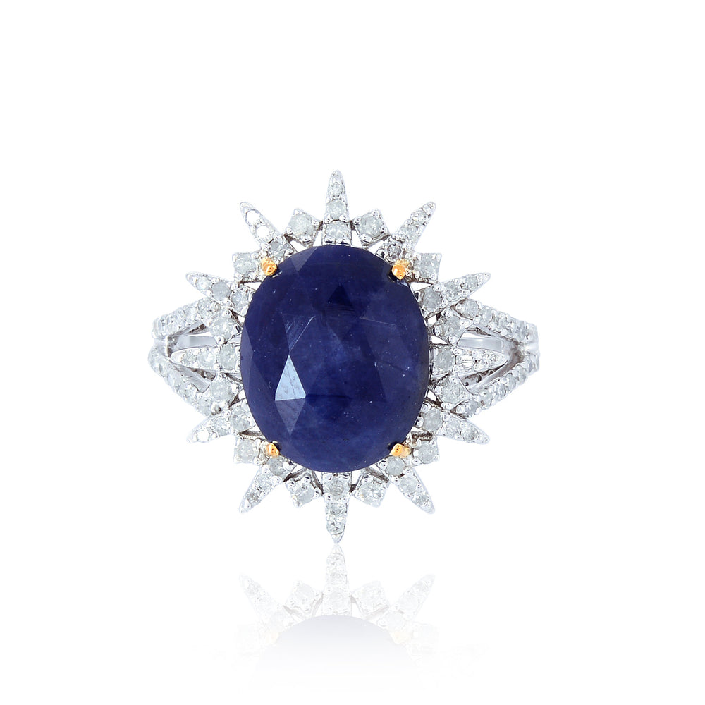 Oval Blue Sapphire & Diamond Starburst Cocktail Ring in 18K White Gold Silver