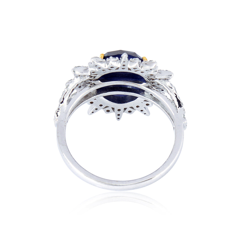 Oval Blue Sapphire & Diamond Starburst Cocktail Ring in 18K White Gold Silver