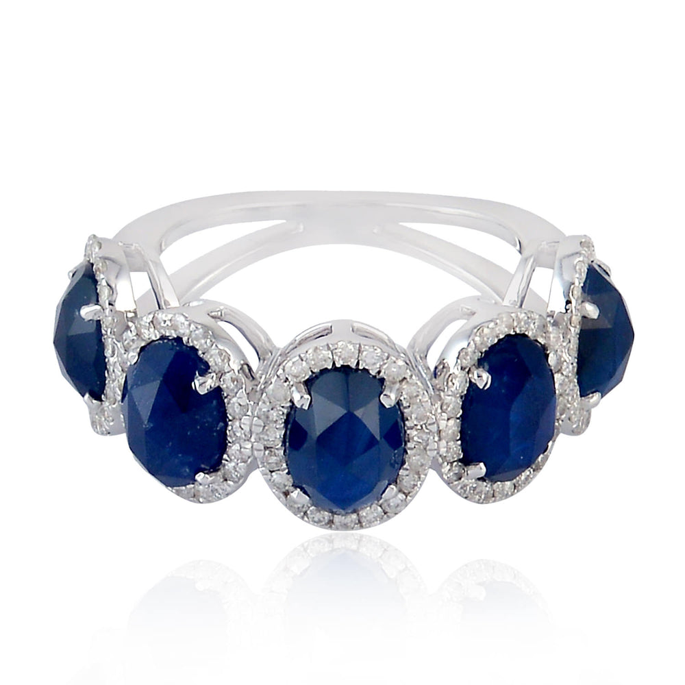 18K White Gold Oval Blue Sapphire & Diamond Halo Band Ring