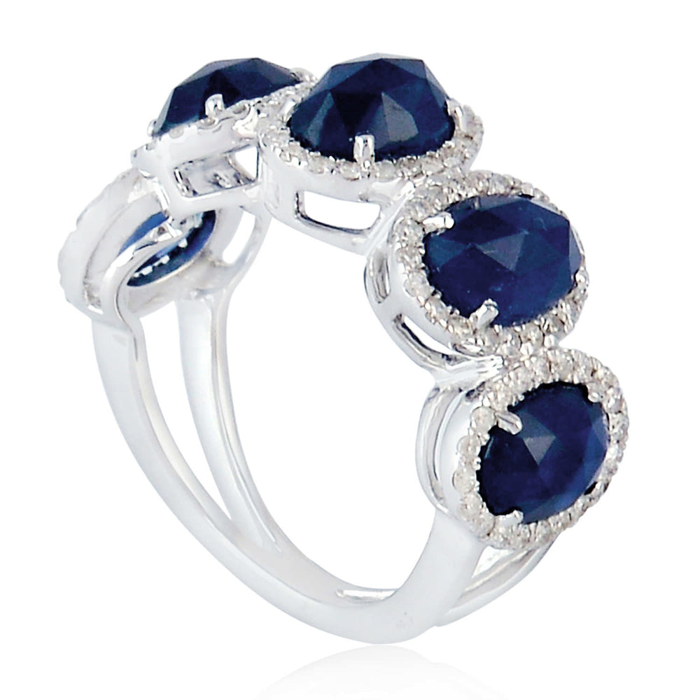 18K White Gold Oval Blue Sapphire & Diamond Halo Band Ring