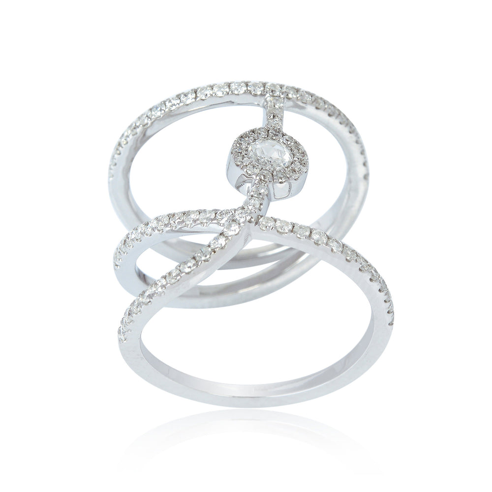 18K White Gold Criss Cross Diamond Ring with Rose Cut Center Stone