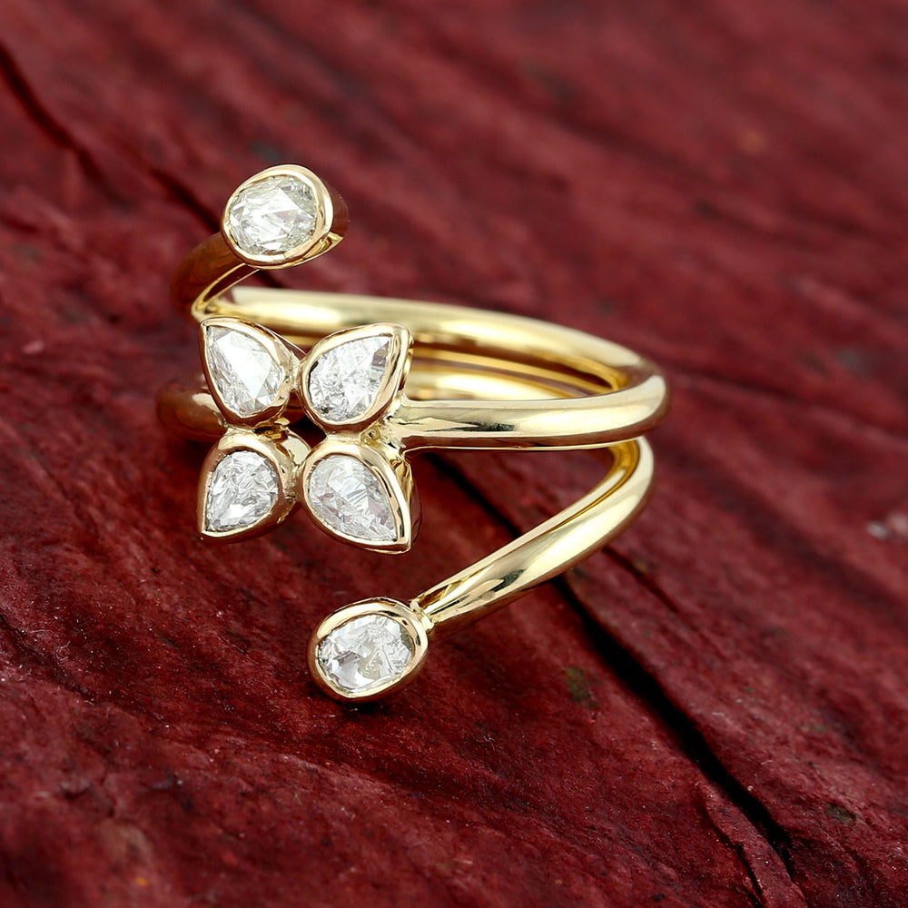 Natural Rose Cut Diamond Handmade Spiral Ring In 18k Yellow Gold