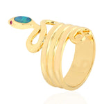 Oval Cut Opal Doublet Bezel Ruby Gemstone Craved Snake Long Ring Made In 18K Yellow Gold