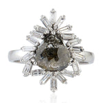 18K White Gold Prong Natural Slice & Baguette Diamond Cocktail Ring For Women's