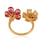 18K Yellow Gold Prong Rose Cut Diamond Pear Ruby Between The Finger Flower Ring For Her