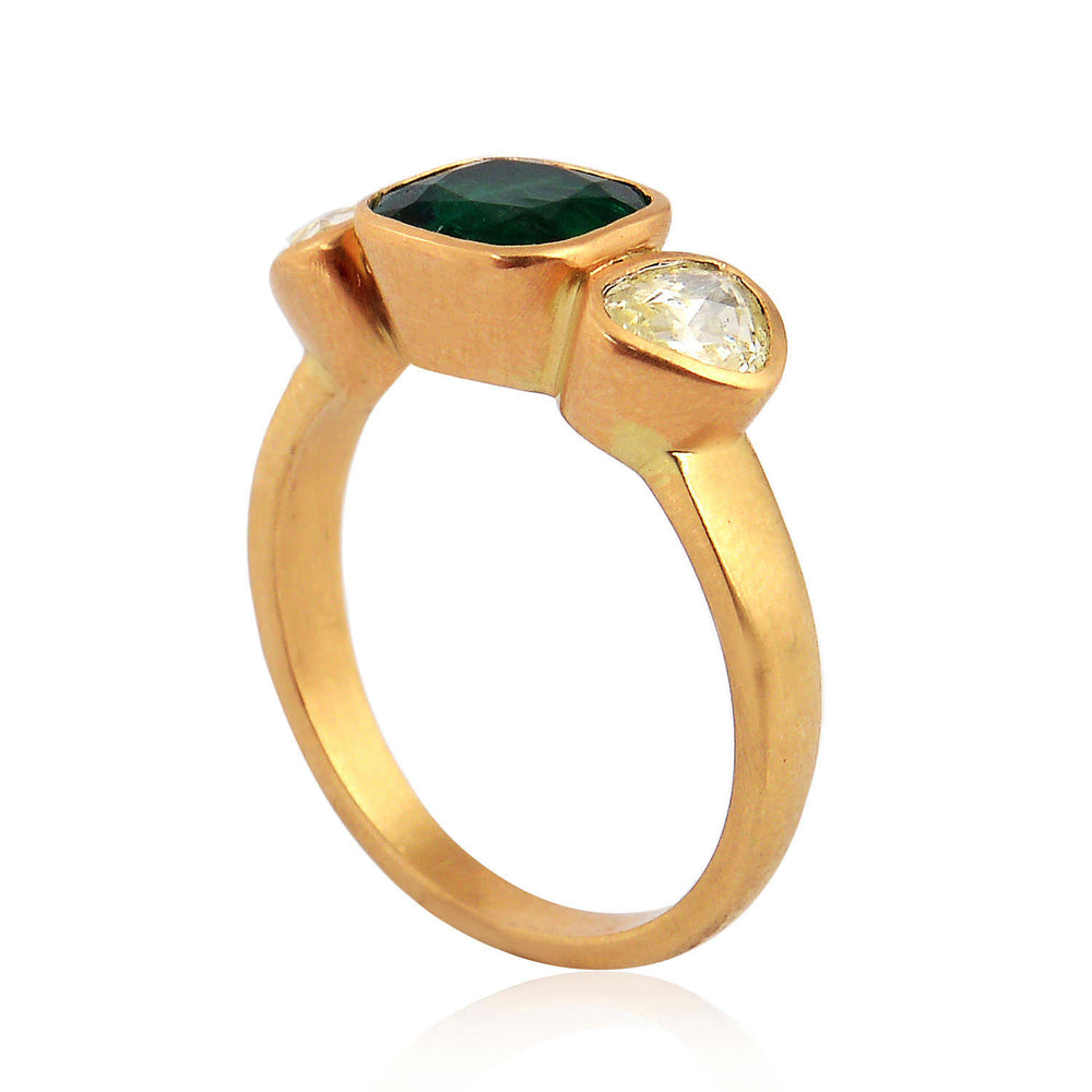 Natural Emerald Bezel Set Rose Cut Diamond Cocktail Ring In 18K Yellow Gold For Her