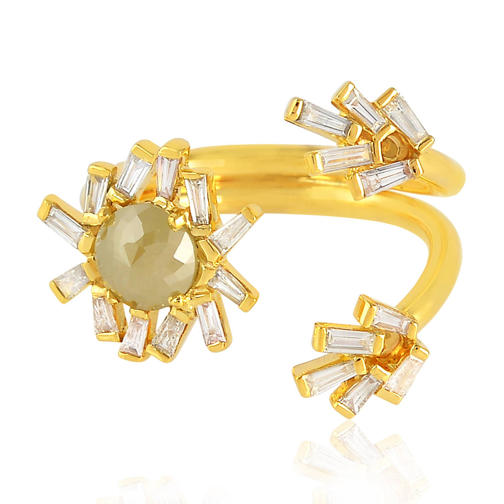 18K Yellow Gold Open Wrap Ring with Rose-Cut Diamond and Baguette Halo Bursts