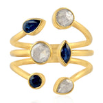 Blue Sapphire Bezel Set Natural Rose Cut Diamond Between The Finger Ring 18K Yellow Gold