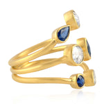 Blue Sapphire Bezel Set Natural Rose Cut Diamond Between The Finger Ring 18K Yellow Gold