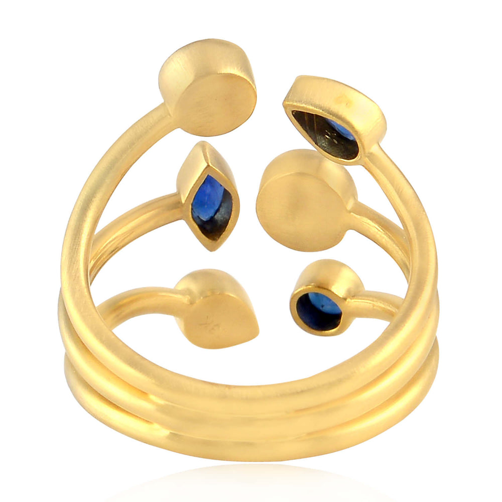 Blue Sapphire Bezel Set Natural Rose Cut Diamond Between The Finger Ring 18K Yellow Gold