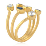 Blue Sapphire Bezel Set Natural Rose Cut Diamond Between The Finger Ring 18K Yellow Gold